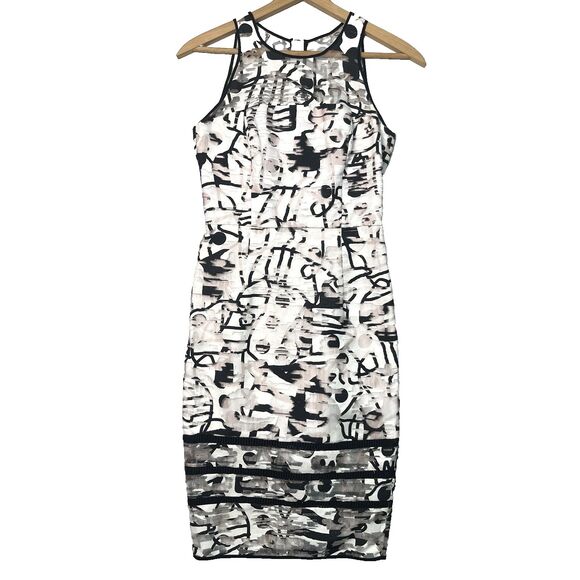 MILLY Mesh Surrealist Fil Coupe Sheath White pink yellow Cut out Sz 4 Midi Dress - Picture 1 of 11
